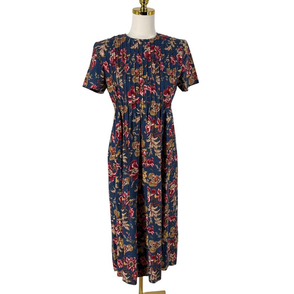 Vintage Floral Linen Blend Pintuck Midi Dress‎ Size 6 Cottagecore Tie Back